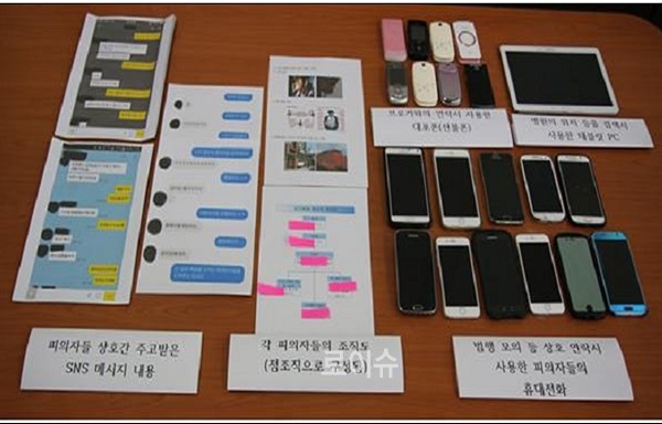 ▲SNS메시지내용,휴대폰등압수품.