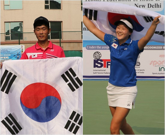 제15회세계정구선수권대회남녀단식금메달을따낸김진웅(왼쪽)과김지연.(뉴델리=대한정구협회)