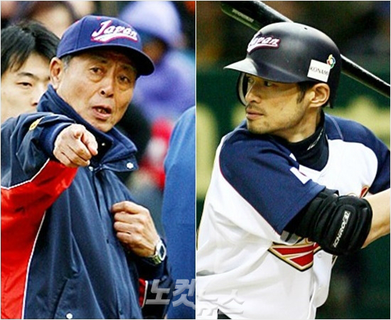2006년WBC때1라운드전승발언을했던오사다하루당시일본대표팀감독(왼쪽)과이른바'30년망언'으로화제를모았던스즈키이치로.(자료사진)