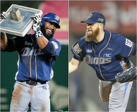 'NC에남고싶다'NC와재계약한올시즌타격4관왕에릭테임즈(왼쪽)와다승,승률왕에릭해커.(자료사진=NC다이노스)