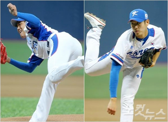 '프리미어12'한국선발로활약한김광현(왼쪽)과이대은.하지만일본오타니쇼헤이처럼압도적구위를보여주지는못했다.(자료사진=박종민기자)