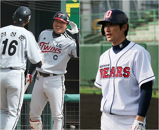 '성훈아,나먼저갈게~'2차드래프트를통해케이티로이적하게된전LG주장이진영(가운데)과두산에서한화로옮겨가는장민석.(자료사진=LG,두산)