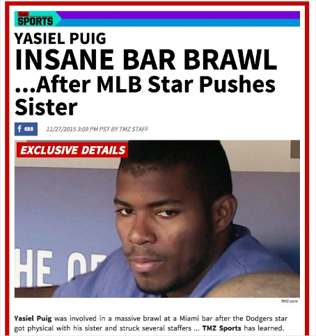 야시엘푸이그의술집난동사건을전한TMZ.com화면.