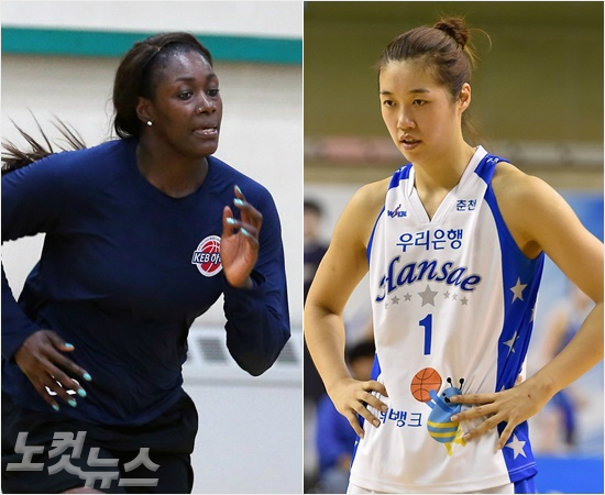 '3라운드대결은어떨까'올시즌치열한골밑대결로장군멍군을부른KEB하나은행첼시리(왼쪽)와우리은행양지희.(자료사진=윤성호기자,WKBL)