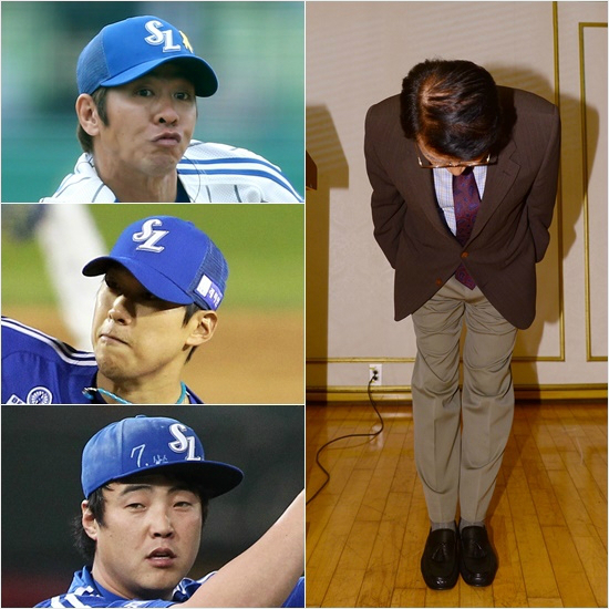삼성은임창용(왼쪽위부터아래로),윤성환,안지만등주축투수3인방이도박스캔들에휘말리면서한국시리즈우승컵을두산에내줬다.오른쪽사진은지난10월20일김인전삼성야구단사장이기자회견도중고개를숙여사과하는모습.(자료사진=삼성)