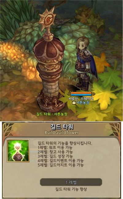 필드에 설치한 길드 타워(위)와 길드 레벨에 따른 기능들(아래)