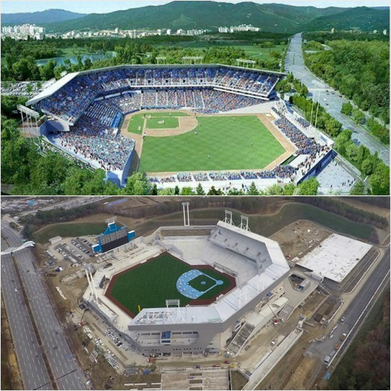 '시설은좋은데,삼성에서너무자주하네'내년2월완공을앞둔대구라이온즈파크전경조감도(위)와최근한창공사가진행중인모습.(사진=삼성라이온즈)