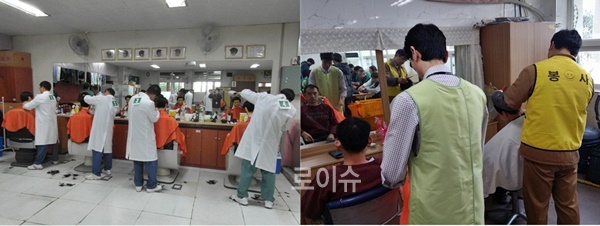 ▲(사진왼쪽부터)2015년이용사실기시험모습과장애인시설봉사활동모습.(사진제공=부산교도소)