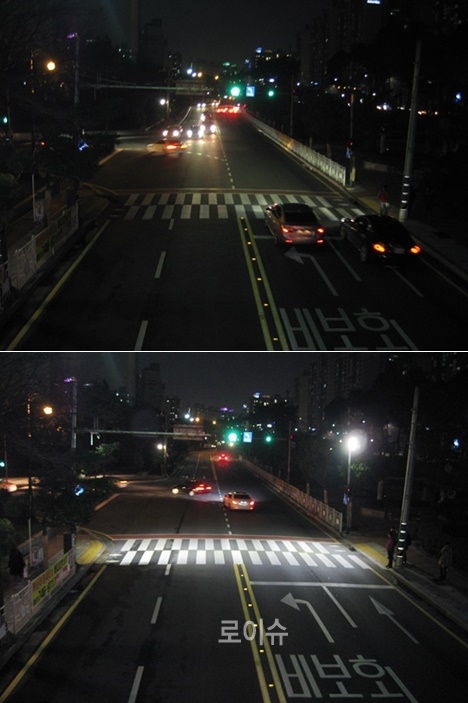 ▲사진위투광기설치전/아래투광기설치후.(사진제공=부산경찰청)