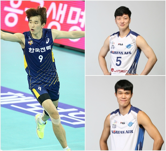 대한항공으로이적한최석기(왼쪽)와한국전력유니폼을입게된강민웅(오른쪽위),전진용.(사진=KOVO제공)