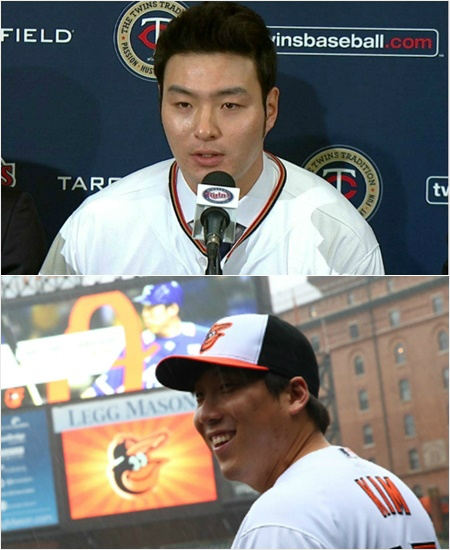 '거구에내구성까지'미네소타입단회견을하는박병호(위)와볼티모어홈구장에서환하게웃고있는김현수의모습.(자료사진=구단홈페이지)