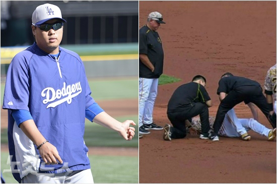 '친구니까부상도함께?'올해어깨부상과수술을시즌을접은다저스류현진(왼쪽)과9월경기중상대거친태클로쓰러진피츠버그강정호의모습.(자료사진=노컷뉴스,피츠버그홈페이지)