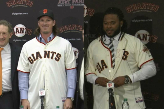"짝수해는샌프란시스코의해잖아요."샌프란시스코자이언츠에합류한제프사마자(왼쪽)와조니쿠에토.(홈페이지영상캡처)