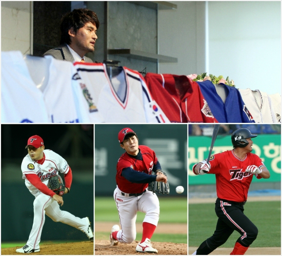 "후배들아우리를넘어서다오."2005년메이저리그에서활약했던박찬호(위),서재응(아래오른쪽),김병현(아래가운데),최희섭.(사진=노컷뉴스/KIA타이거즈)