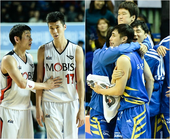 프로농구1위모비스가최근5할승률에서좀처럼벗어나지못하는사이삼성은최근6승1패의상승세를보여대조를이룬다.사진은모비스베테랑양동근(왼쪽부터)이전준범을격려하는모습과13일SK전버저비터위닝샷을넣은삼성주희정을동료들이얼싸안고기뻐하는모습.(자료사진=KBL)