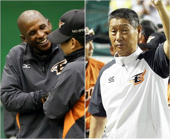 지난해한화에서방출된외국인타자나이저모건(왼쪽)과김성근한화감독.(자료사진=한화이글스)