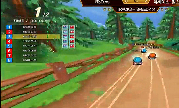 김승태가 1위로 달리자 이번에는 조성제가 김승태의 1위 주행을 돕기 위해 장진형 견제에 나섰다.