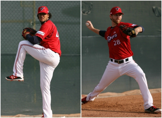 KIA새외국인투수헥터노에시(왼쪽)와지크스프루일.(사진=KIA타이거즈제공)