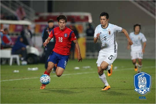 일본과2016아시아축구연맹23세이하챔피언십결승에서후반중반까지2-0으로앞섰던한국은수비불안으로3골을내리허용하고쓰라린역전패를당했다,(자료사진=대한축구협회)