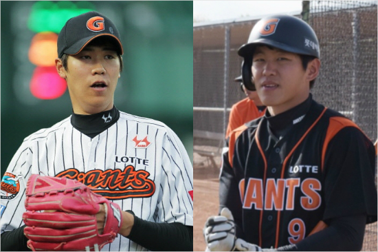 미국애리조나스프링캠프에서어깨이상으로조기귀국한롯데우완홍성민(왼쪽)과외야수김재유.(자료사진=롯데)