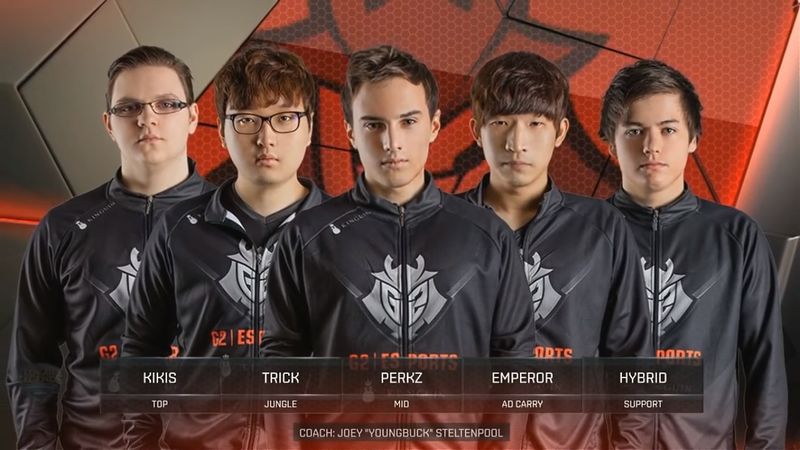 김강윤(왼쪽 두 번째)과 김진현(오른쪽 두 번째)이 뛰고 있는 G2 e스포츠가 유럽 지역 LCS 스프링 시즌 1위를 유지하고 있다(사진=lol.esportspedia.com 발췌).