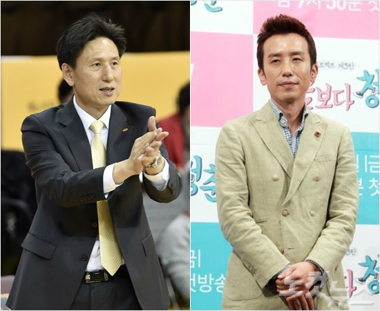'감독님,영광인줄아세요'최근소속팀선수들로부터인기음악가유희열(오른쪽)과닮았다는평가를받은국민은행서동철감독.(자료사진=황진환기자,WKBL)