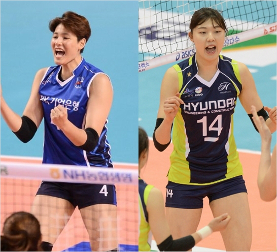 부상으로이탈한기업은행김희진(왼쪽)과부상에서일찍돌아온현대건설양효진.(사진=KOVO/현대건설제공)