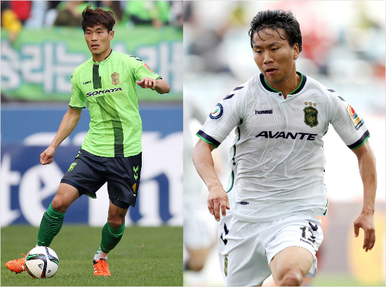 국가대표수비수김기희(왼쪽)은K리그역대최고이적료인600만달러에전북을떠나중국슈퍼리그상하이뤼디선화로이적한다.전북에서만8년간활약한미드필더정훈도태국프리미어리그수판부리로활동무대를옮긴다.(자료사진=전북현대모터스)