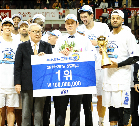 김영기KBL총재가21일올시즌정규리그우승을거둔KCC선수단을시상하는모습.(자료사진=KBL)