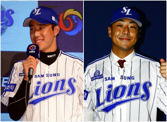삼성의겁없는루키최충연(왼쪽)과이케빈.(사진=삼성라이온즈제공)