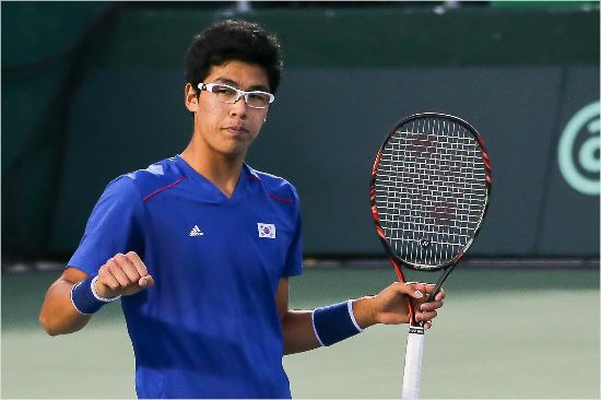 6일끝난테니스국가대항전2016데이비스컵뉴질랜드와1회전에서4단식을이기며한국의승리를확정지은에이스정현.(자료사진=대한테니스협회)