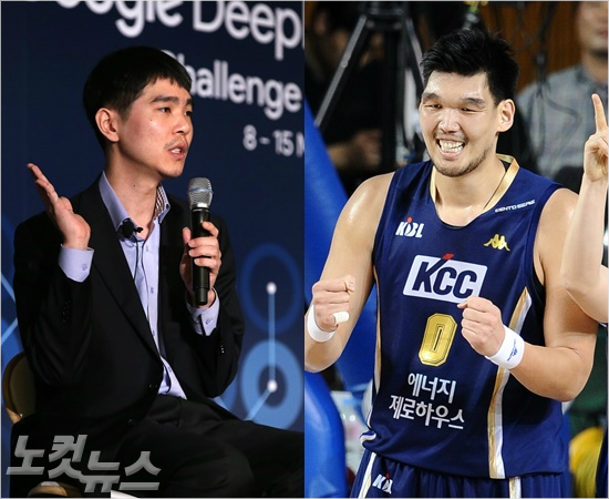 '쌩큐,쎈돌'KCC센터하승진(오른쪽)은9일인삼공사와4강플레이오프2차전에앞서열린이세돌(왼쪽)과인공지능프로그램알파고가벌인'세기의바둑대결'에서영감을얻었다고밝혔다.(사진=박종민기자,KBL)