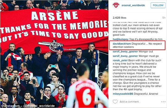 데이비드베컴이직접비난댓글을단아스널팬페이지인스타그램.(데일리메일캡처)