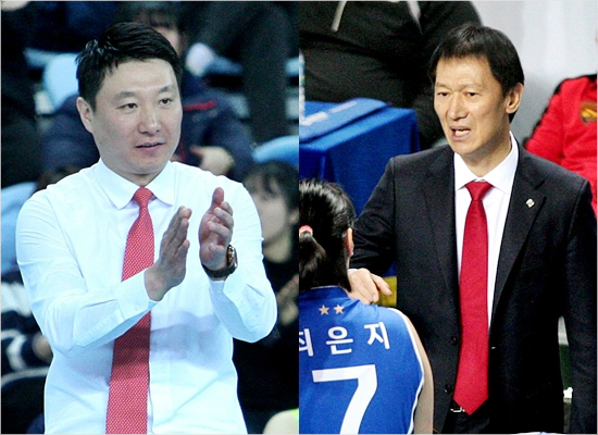 올시즌정규리그에서3승3패로팽팽한호각세를이룬두팀이지만챔피언결정전의첫번째대결에서는양철호감독(왼쪽)의현대건설이이정철감독의IBK기업은행에세트스코어3-0승리를거뒀다.(자료사진=KOVO)