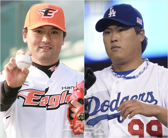 '현진아,내말잘들어줘'지난해어깨수술이후재활중인LA다저스후배류현진(오른쪽)에게진심어린조언을건넨메이저리그선구자박찬호.(자료사진=황진환기자)