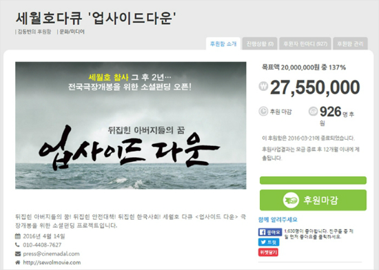 세월호 다큐 '업사이드 다운', 펀딩 목표치 137% 초과 달성