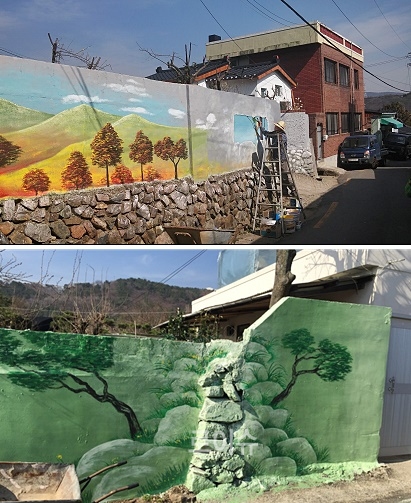 지저분한옹벽을사계절이있는아름다운벽화로단장하고있다.(사진제공=부산동부보호관찰소)