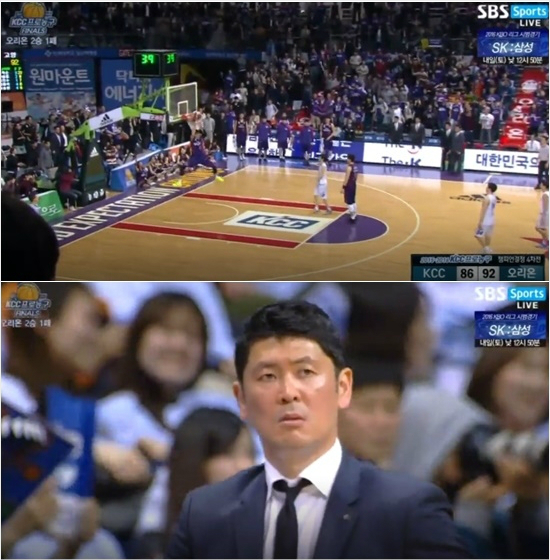 25일챔프전5차전에서오리온최진수가종료3.9초전무방비상태에서덩크를꽂는모습(위)과경기뒤추승균KCC감독이불쾌한표정으로코트쪽을바라보는모습.(사진=SBS스포츠중계화면캡처)