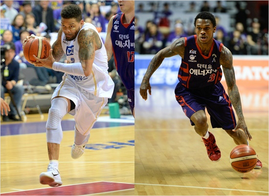 '에밋의공간이냐,잭슨의속도냐'KCC안드레에밋(왼쪽)과오리온조잭슨이2015-2016KCC프로농구챔피언결정전에서돌파를하는모습.(자료사진=KBL)