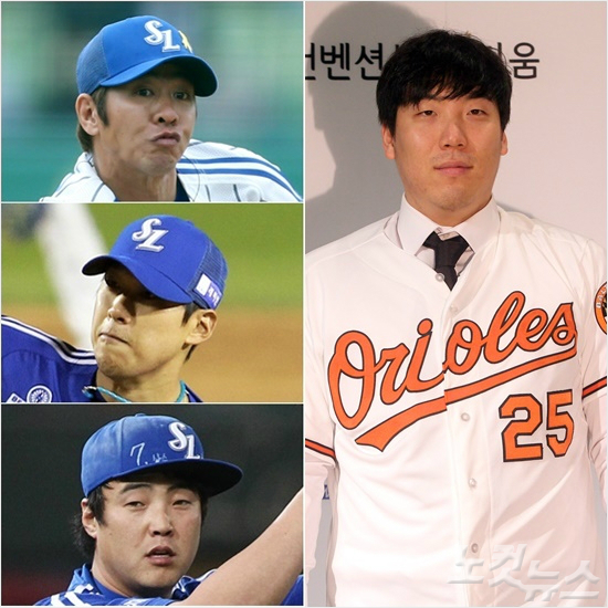 '2016KBO리그의X-팩터?'지난해도박스캔들에휘말렸던전삼성투수3인방임창용(왼쪽위부터아래로),윤성환,안지만을비롯해메이저리그볼티모어김현수(오른쪽)는올시즌프로야구의판도를좌우할요소로꼽힌다.(자료사진=삼성,황진환기자)