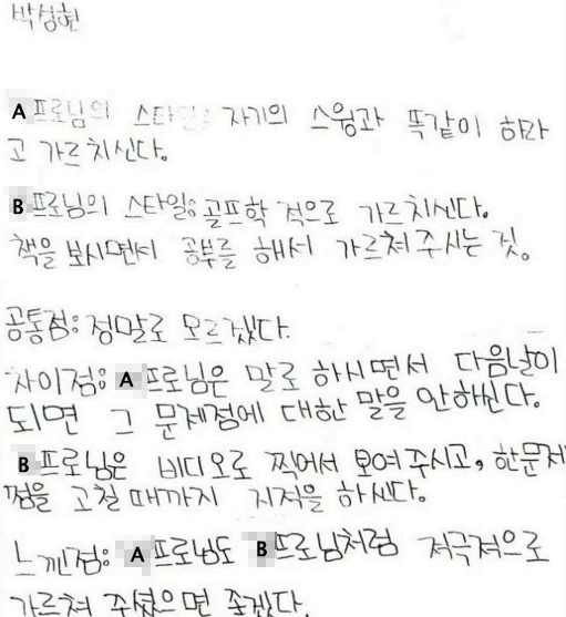 박성현이초등학교시절작성했던코치평가메모.
