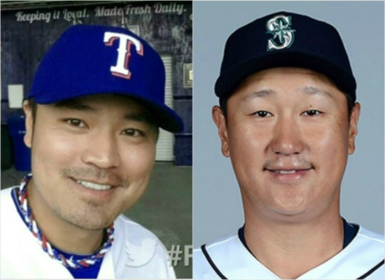 '반갑다,친구야'6일(한국시각)한국인메이저리거야수최초로선발맞대결을펼친텍사스추신수(왼쪽)와시애틀이대호.(자료사진=구단홈페이지)