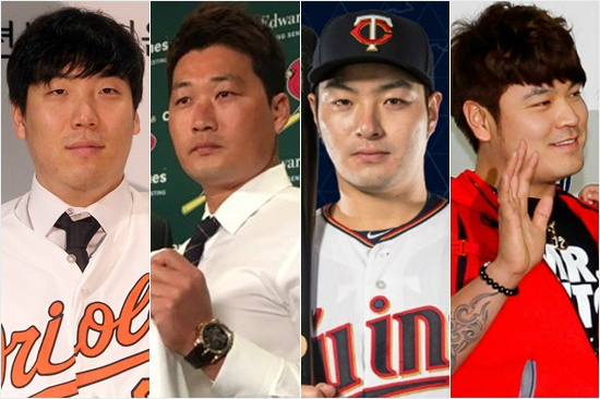 '엇갈린빅리거'11일(한국시각)메이저리그데뷔첫안타와득점을신고한볼티모어김현수(왼쪽부터)와첫승을기록한세인트루이스오승환.그러나9일데뷔첫홈런을날린미네소타박병호는이날무안타4삼진에그쳤고,텍사스추신수는부상자명단에올랐다.(자료사진=노컷뉴스,구단홈페이지)