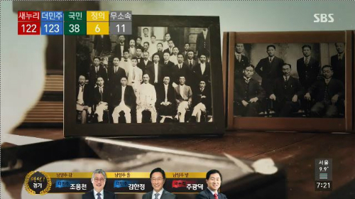SBS개표방송화면캡처.사진속에도산안창호(앞줄가운데)등1919년임시정부수립당시주요인사들의모습이보인다.