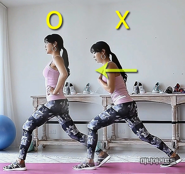 ▲운동을하는동안상체나무릎이앞으로쏠리면안된다.