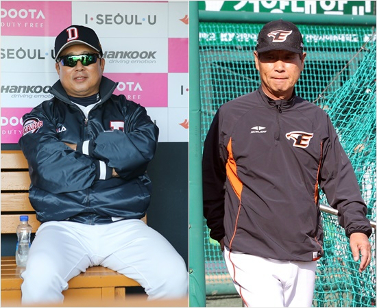 '어여들드루와'김성근감독(오른쪽)이이끄는한화는21일롯데원정에서천신만고끝에승리를거두고김태형감독(왼쪽)의두산과22일부터주말3연전을치른다.두산은지난12일부터한화와3연전스윕등7연승을달렸고,한화는7연패에빠졌다.(자료사진=두산,한화)