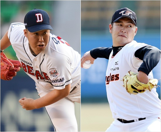 22일잠실에서선발맞대결을펼치는두산좌완유희관(왼쪽)과한화우완송은범.(자료사진=두산,한화)
