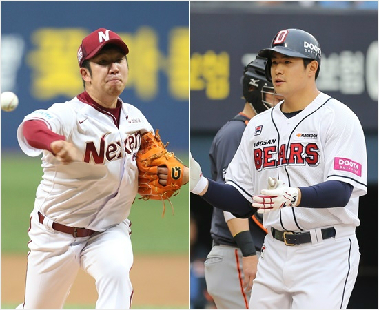 '우리가메운다'넥센중고신인신재영(왼쪽)이23일LG와홈경기에서역투하는모습과두산김재환이한화와홈경기에서3점홈런을날린뒤홈으로들어오며기뻐하는모습.(고척,잠실=넥센,두산)