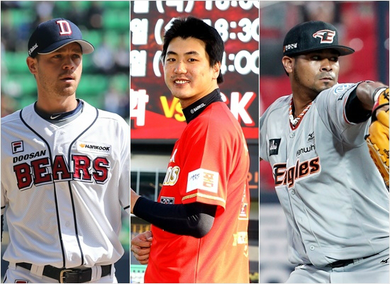 '이것이에이스의위력'두산과SK는각각새에이스마이클보우덴(왼쪽부터)과김광현등선발진을앞세워승승장구하는반면한화는에스밀로저스의공백속에고전을면하지못하고있다.(자료사진=해당구단)