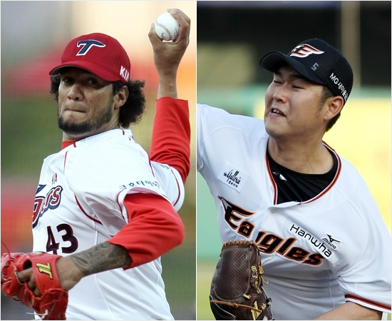 '너를넘어야내가산다'27일대전에서선발격돌하는KIA헥터노에시(왼쪽)와한화우완송은범.(자료사진=KIA,한화)